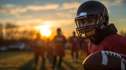 Fototapeta premium Determined Young Athlete Training Football Drills at Sunrise Demonstrating Dedication and Hard Work