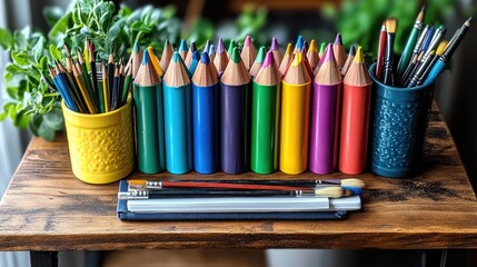 Colorful assortment of art supplies including pencils and brushes arranged on a wooden table