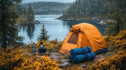 Cozy camping scene with an orange tent by a serene lake surrounded by autumn foliage