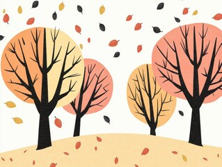 Stylized autumn trees with falling leaves.