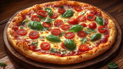 Freshly baked pizza topped with cherry tomatoes and basil on a wooden table, inviting atmosphere