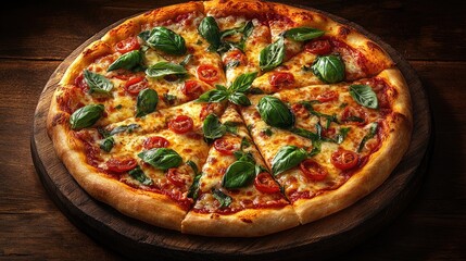 Freshly baked pizza topped with basil and tomatoes on a wooden board in a cozy setting