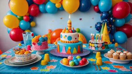 Obraz premium A playful children’s birthday party setup with bright colors decorations.