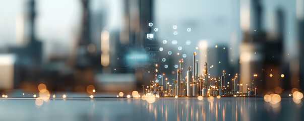 Futuristic cityscape with glowing data visualization and digital elements, showcasing advanced technology and urban development. blend of innovation and modernity