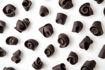 A tranquil flat lay of dark chocolate curls arranged to create the illusion of soft, rolling hills on a white canvas.