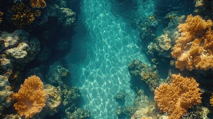 Underwater scene showcasing vibrant coral formations with sunlight filtering through water