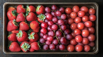 A vibrant assortment of fresh strawberries, red grapes, and plums arranged on a rustic tray