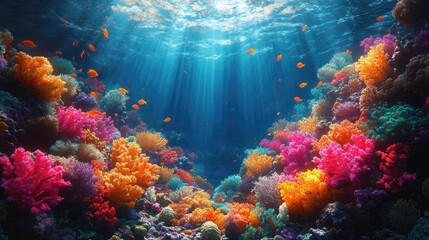 Vibrant underwater coral reef teeming with colorful fish and sunlight filtering through water