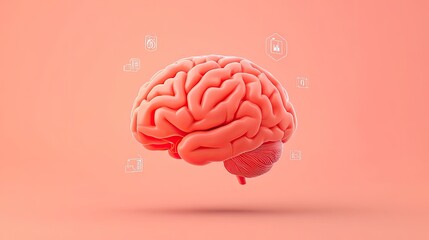 3D illustration of a human brain surrounded by health-related icons on a soft pink background