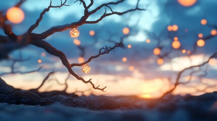 Glowing orbs adorn a barren tree at sunset, fantasy landscape, digital art, ideal for sci-fi or fantasy backgrounds