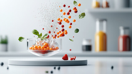 vibrant display of floating fruits and herbs in glass bowl, showcasing futuristic molecular gastronomy concept. colorful ingredients create dynamic and appetizing scene