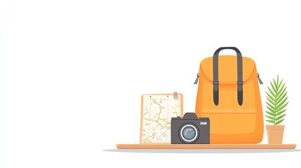 Vibrant travel essentials arranged on a table, featuring a backpack, camera, map, and a plant