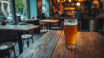 Pub beer, table, city view, customers, relaxed atmosphere