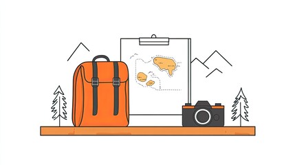 Travel essentials with a camera, map of Hawaii, and an orange backpack on a wooden table