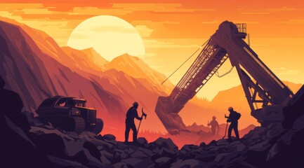 Mining operation at sunset in mountains