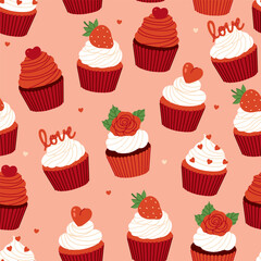 Seamless pattern with Valentine's day cupcakes. Vector graphics.