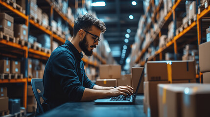 In a busy warehouse, a man uses a laptop to manage inventory among stacks of boxes.