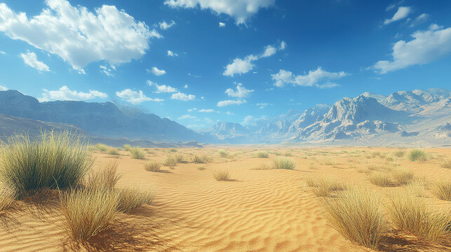 A serene desert landscape features rolling sand dunes and distant mountains under a blue sky.