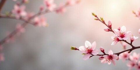 Delicate Pink Blossoms on a Branch, Softly Illuminated by the Gentle Sunlight of Spring