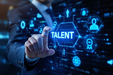 Obraz premium Businessman pointing at glowing talent icon with futuristic technology interface, holographic elements, and HR symbols on dark background. Ai generative
