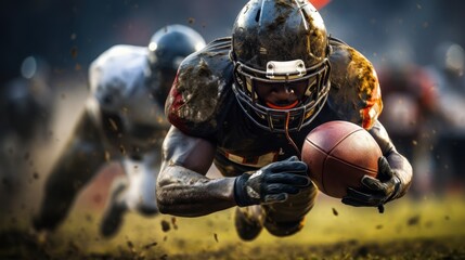 Winning Touchdown: Player Diving Across Goal Line with Football in High-Stakes Game