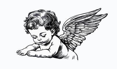 Charming Vintage Angelic Baby Engraving with Wings in Minimalist Style