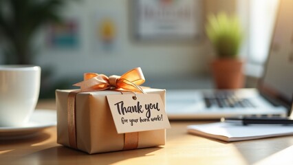 A beautifully wrapped gift box with a ribbon and a tag saying "Thank you for your hard work!" sits on an office desk, symbolizing employee appreciation and recognition.