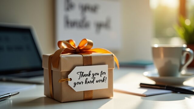 A beautifully wrapped gift box with a ribbon and a tag saying "Thank you for your hard work!" sits on an office desk, symbolizing employee appreciation and recognition.
