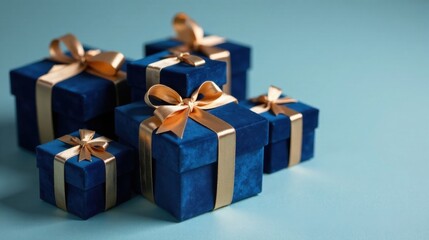 Obraz premium A Collection of Elegant Blue Velvet Gift Boxes with Golden Ribbons, Arranged on a Smooth Surface