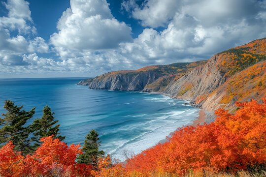 Autumn Coastline, Waves, Cliffs, Clouds