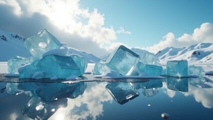 Melting ice cubes resting on fresh snow with sunlight and mountains in background	