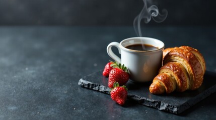 Aromatic Coffee Steam Rising Above a Warm Croissant and Fresh Strawberries on a Dark Surface