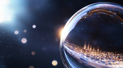 City skyline reflected in crystal sphere, showcasing urban beauty and light