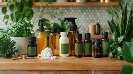 A collection of natural skincare products arranged on a wooden surface, surrounded by lush greenery.