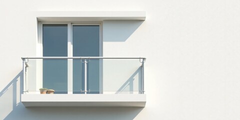 A minimalist balcony with glass railing and potted plants, sunlight casting shadows on a white wall