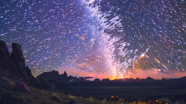 Whimsical cartoon animation depicting the night sky with the glowing Milky Way, creating a magical and cosmic atmosphere.