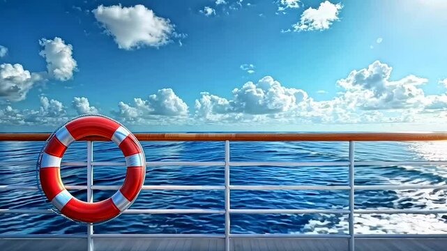 Scenic view from a cruise ship deck overlooking the vast blue sea, featuring a lifebuoy attached to the railing for safety.