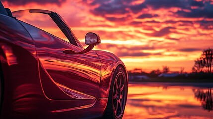 Red and black car parked on asphalt outdoor parking lot in the evening time with sunlight of sunset and beautiful orange sky background.