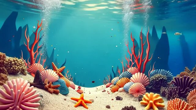 A colorful ocean scene with a starfish and a variety of shells. The background is blue and the foreground is filled with different colored shells