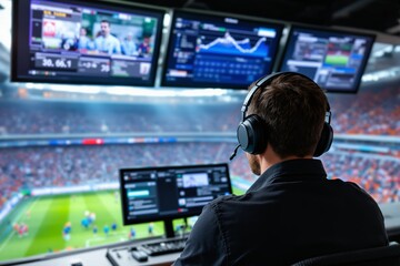 Sports commentator wearing headset analyzing live football match with multiple screens displaying data in a stadium control room. Ai generative