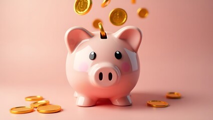 Glowing Pink Piggy Bank Surrounded by Gold Coins