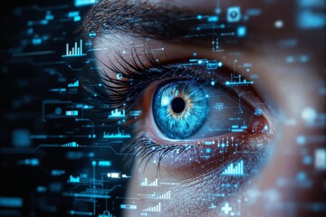 Close-up of a human eye with futuristic digital interface, glowing holographic data elements, and high-tech HUD graphics on a blurred dark background. Ai generative
