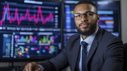 Fototapeta premium Professional man in suit analyzing data on multiple screens
