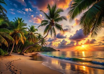 Fototapeta na wymiar Ultra Realistic Low Light Beach Wallpaper: Serene Coconut Palm Sunset