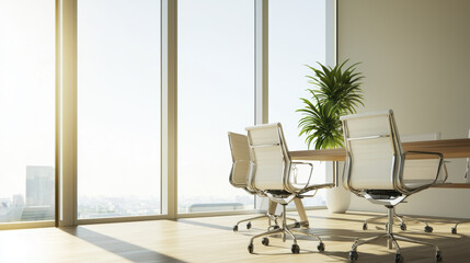 Modern office interior with glass windows and stylish chairs