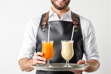Smiling waiter in a leather apron holding a tray with two glasses of fresh juice, one orange and one creamy, with straws on a white background. Ai generative
