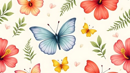 Fluttering Garden Pattern Hibiscus Flowers and Tropical Butterflies