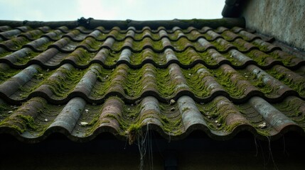 Moss-Covered Roof Tiles A Close-Up View of Nature's Slow Reclaiming of an Aged Structure
