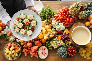A waiter holding a plate of mini sandwiches with cucumbers and cherry tomatoes over a vibrant buffet of fruits and vegetables on a wooden table, concept of catering. Ai generative