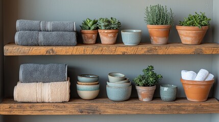 Fototapeta premium Cozy shelf with towels and potted plants in terracotta pots against a muted wall.